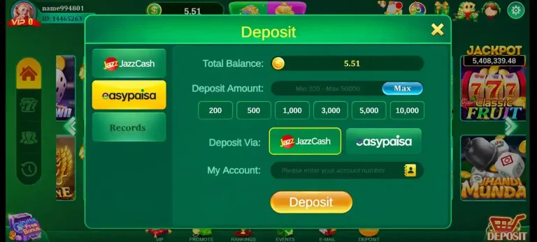 3Patti Gold deposit screen with JazzCash and Easypaisa