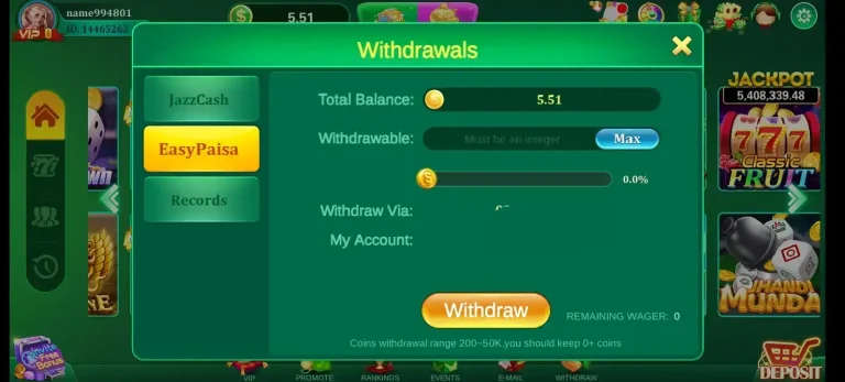 3Patti Gold withdraw screen